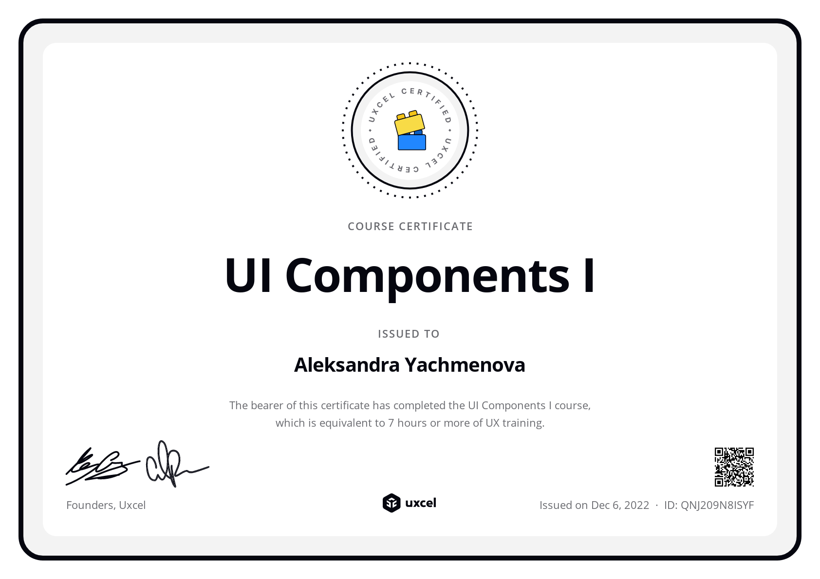 Aleksandra Yachmenova's certificate